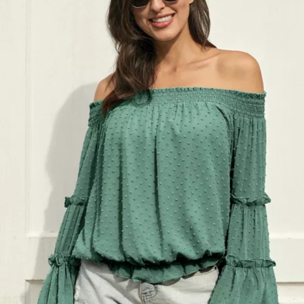 ♥️New boutique Swiss dot off shoulder top - Picture 2 of 16